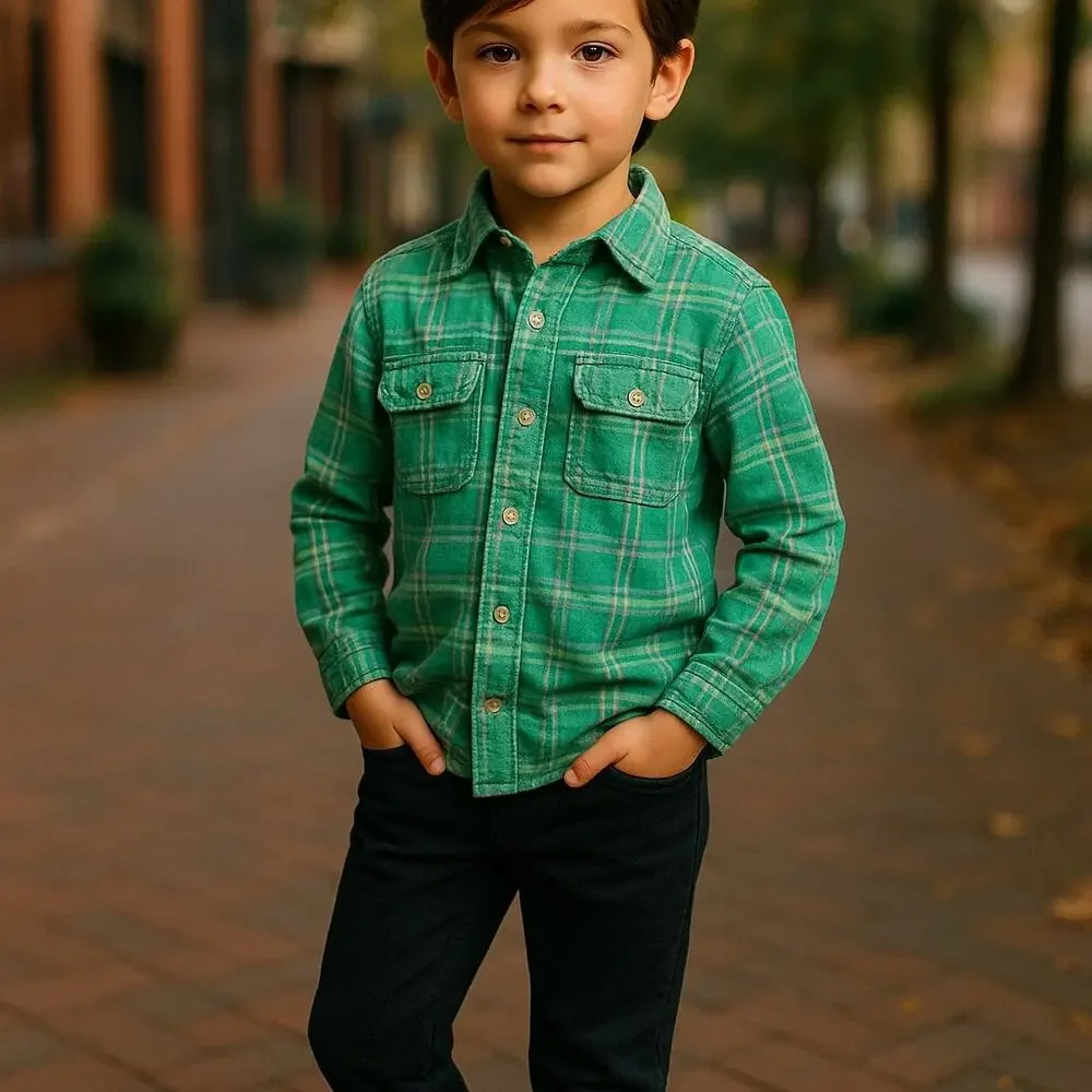Carter's Boys Shirt Sz 5 Green White Blue Yellow Long Sleeve Plaid‎ Buttons